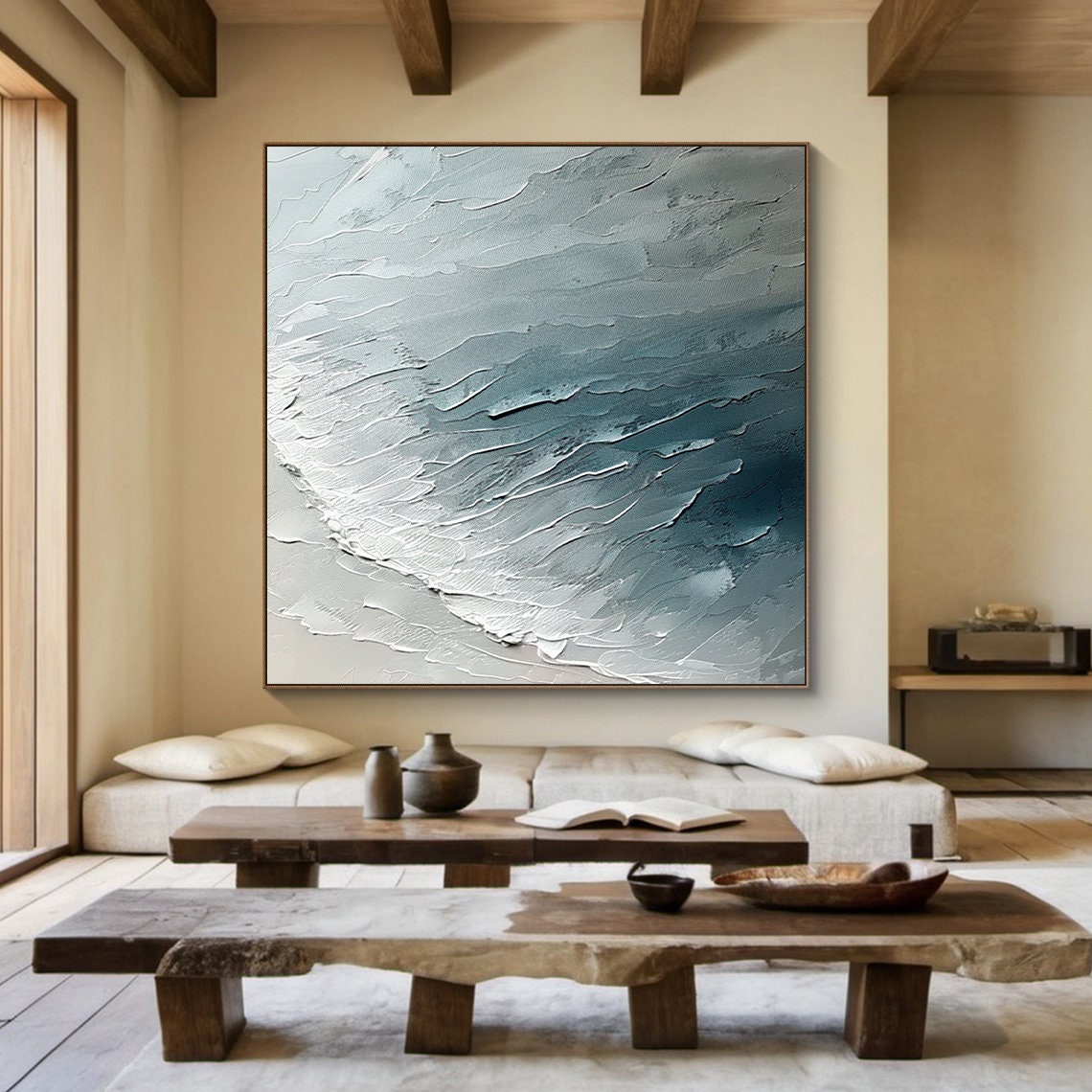 White Blue Wave Abstract Minimalist Textured Sculptural Art Poster - Image 2