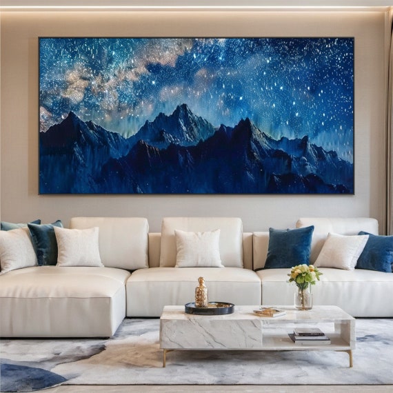 Mountain Starry Sky Painting Large Blue Night Scene Oil Painting Blue Wall Decoration Art Modern Natural Living Room Decoration