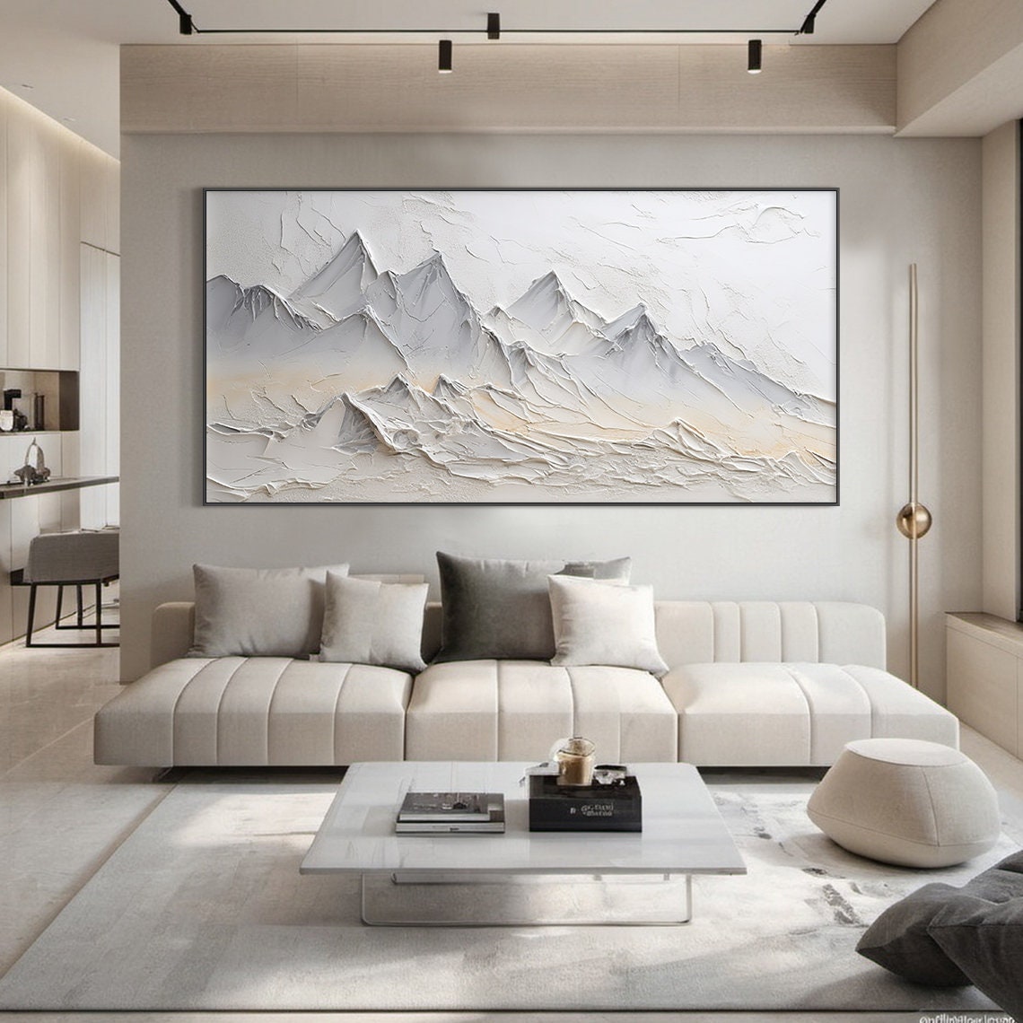 White Grey 3D Mountain Relief Warm Peach Glow Modern Serene Wall Art - Image 6