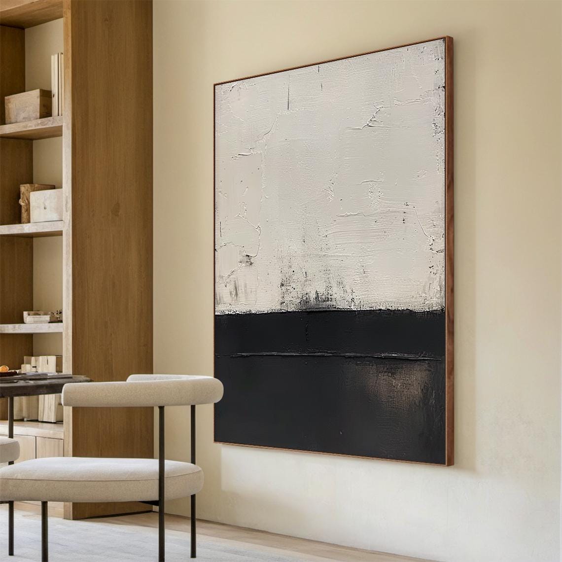 Black White Abstract Landscape Painting Textured Split Modern Wall Art - Image 5