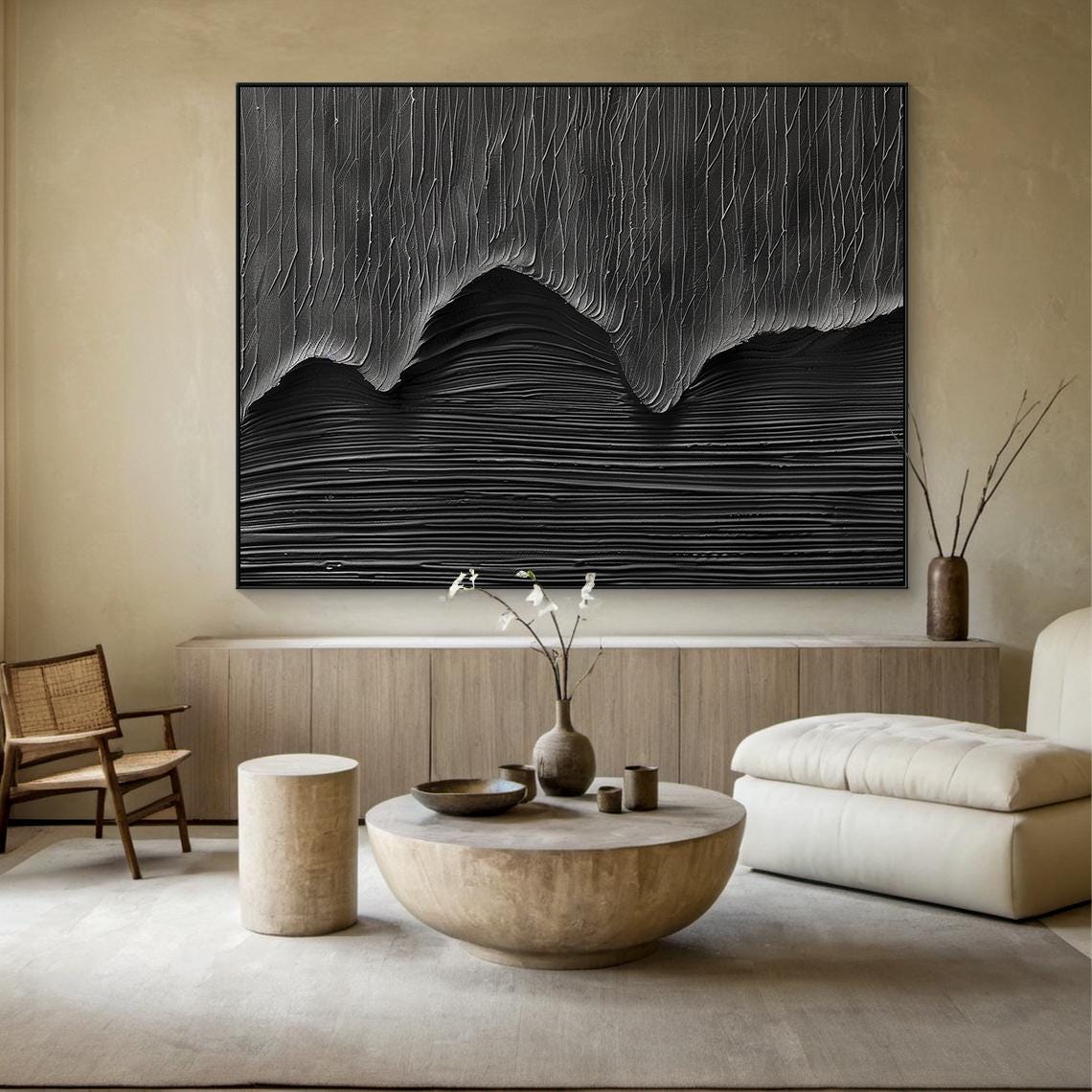 Black Carved Canyon Sculpture Abstract Dramatic Vertical Wall Art - Image 3
