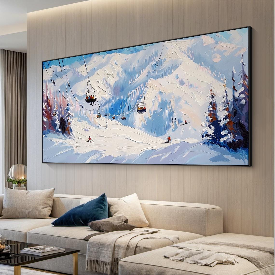 Original 3d Ski Sport Art Blue White Textured Wall Art Skier Gift White Skis And Cable Car Painting Modern Skier Painting - Image 5