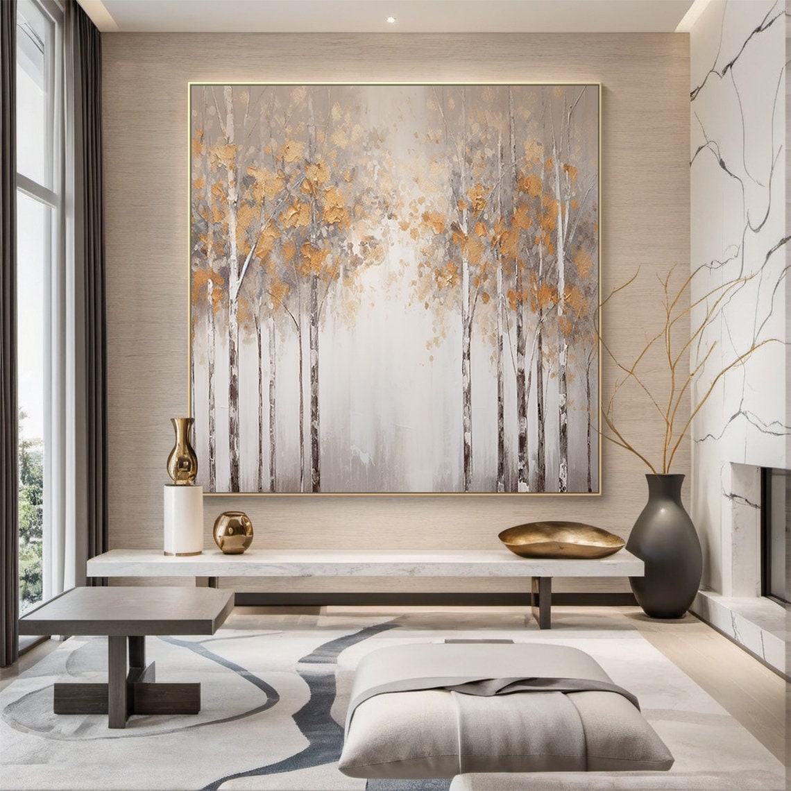 Golden Birch Forest White Bark Trees Beige Abstract Nature Poster - Image 5