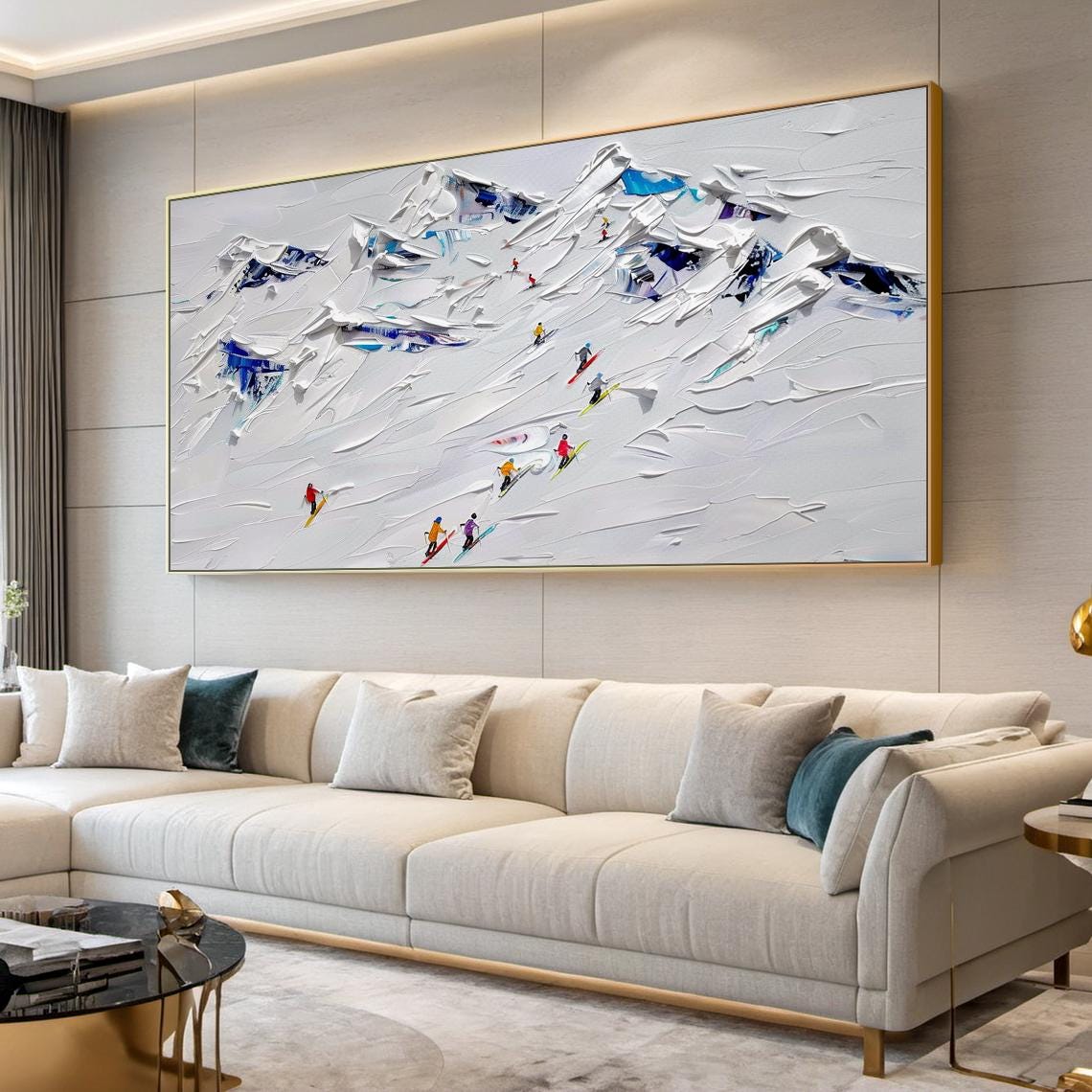 White Snow Mountain Ski Decoration Painting Original Skier Gift White Abstract Ski Art Modern Living Room Wall Decoration - Image 2