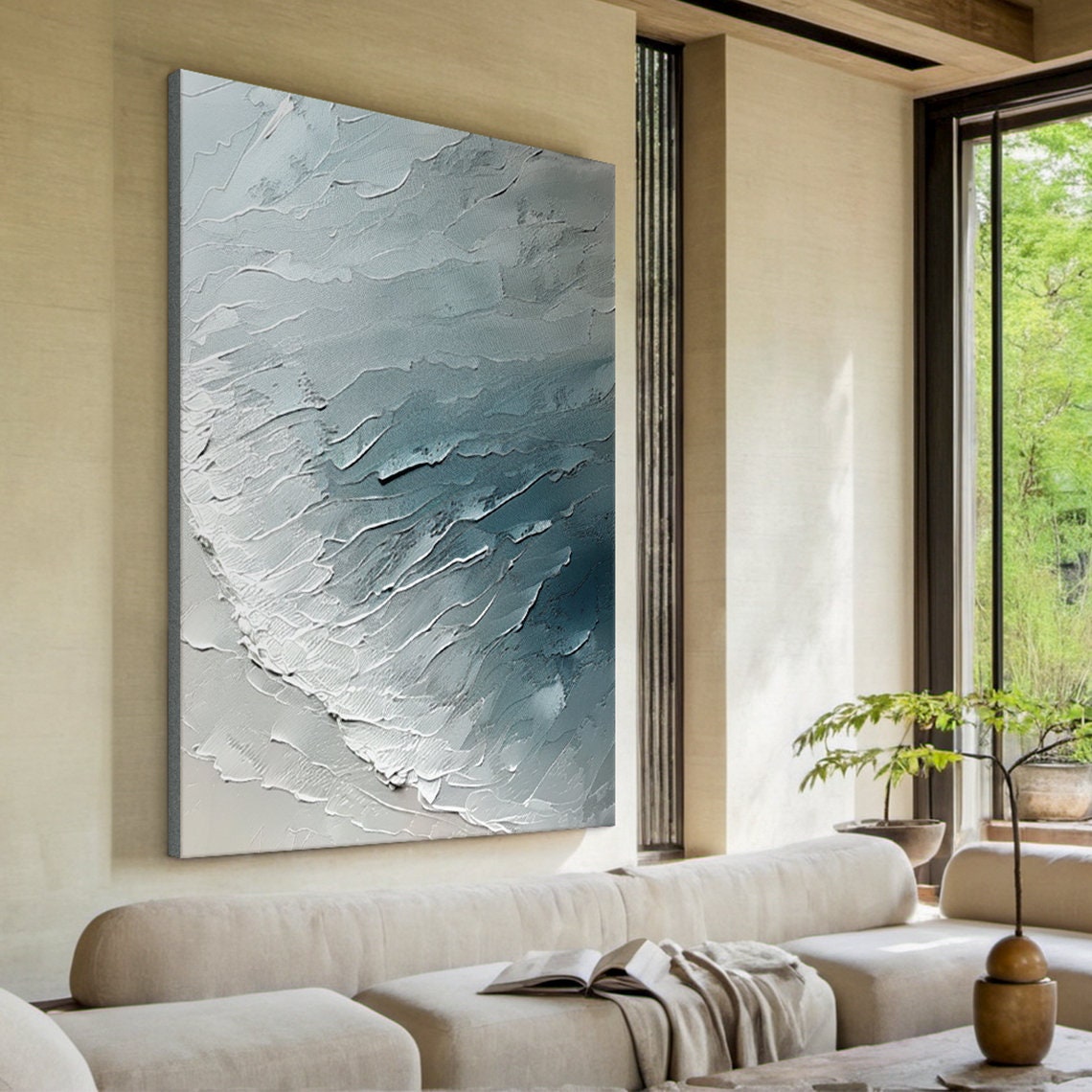 White Blue Wave Abstract Minimalist Textured Sculptural Art Poster - Image 5