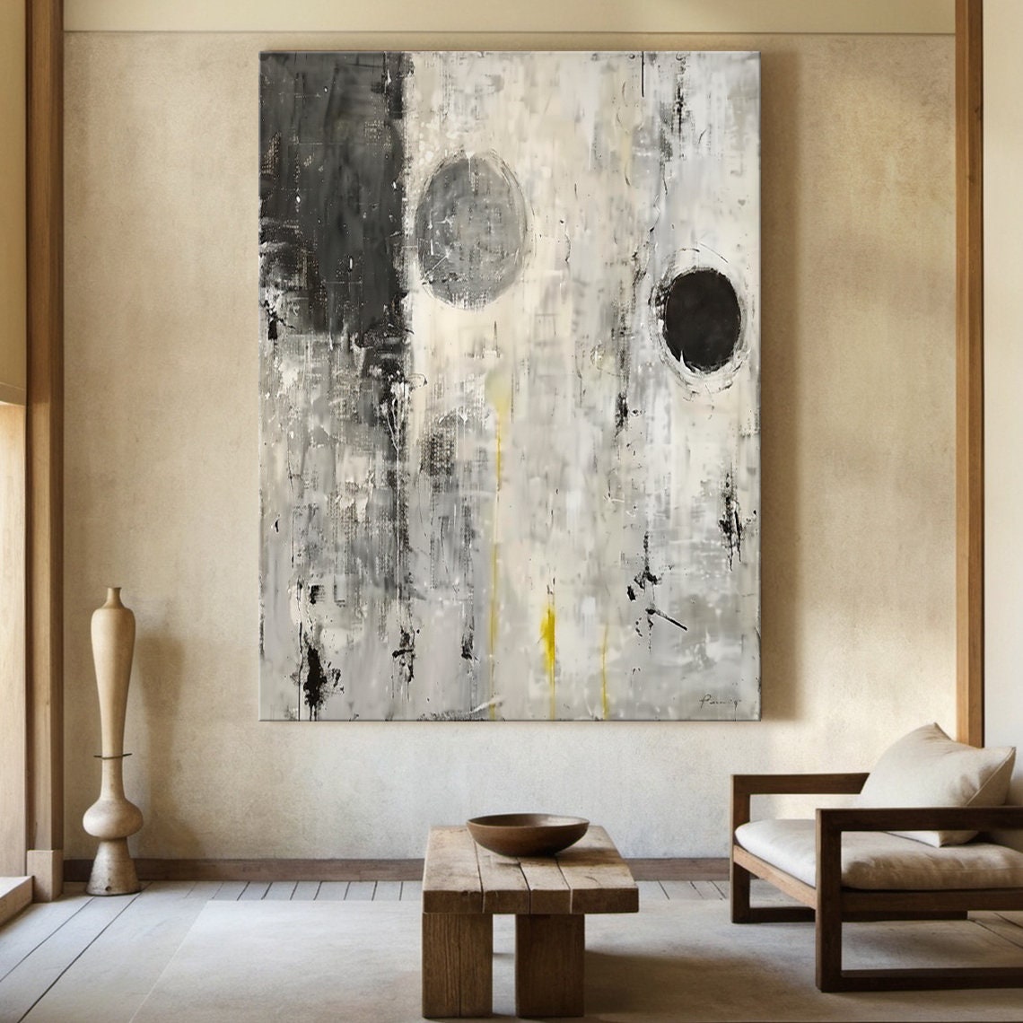 Black White Grey Abstract Circles Textured Minimalist Art Poster - Image 2