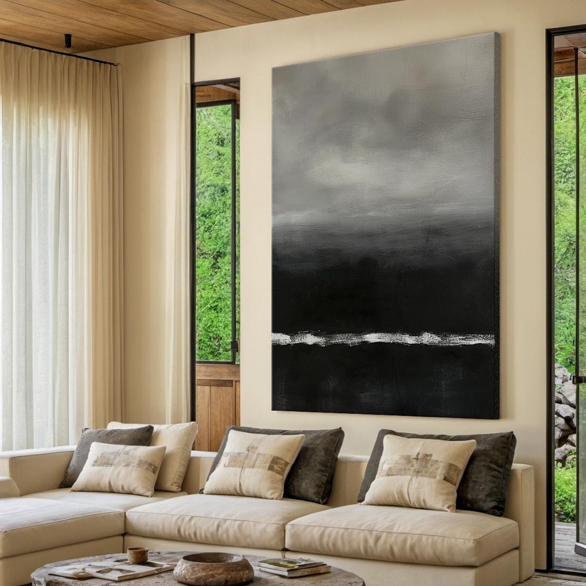 Grey Black Abstract Painting White Horizon Line Moody Modern Wall Art