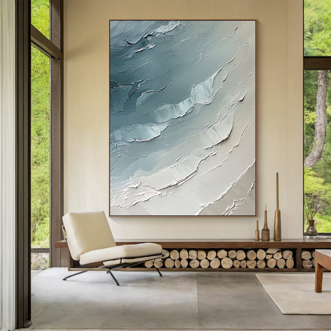 Blue Ocean Waves Abstract Painting, Living Room Art Print