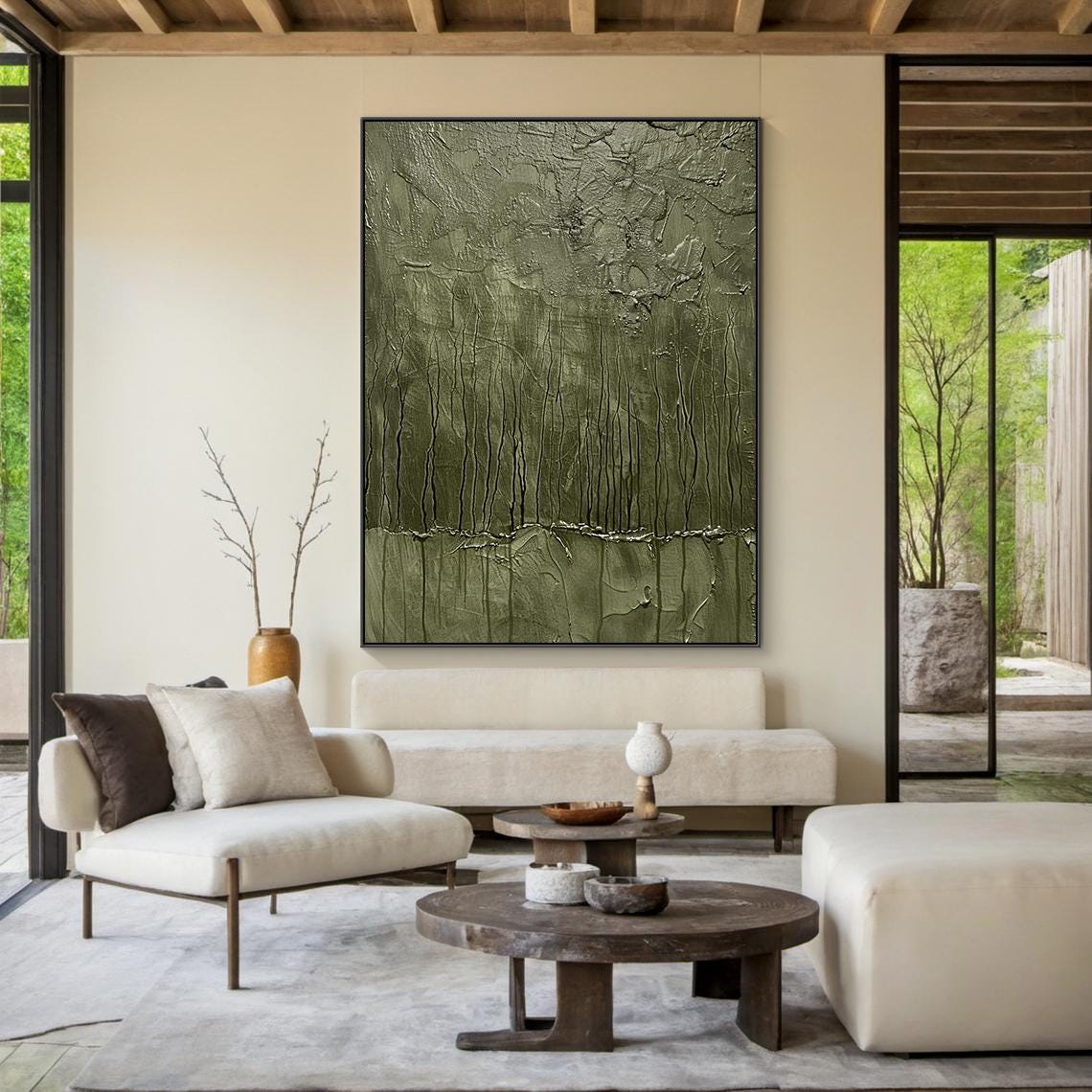 Olive Green Drip Texture Forest Rain Abstract Vertical Wall Art - Image 6