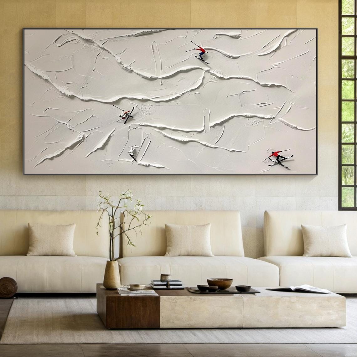 Large Beige Ski Oil Painting Decorative Painting Original Skier Handmade Gift Beige Abstract Ski Art Modern Living Room Decoration - Image 3