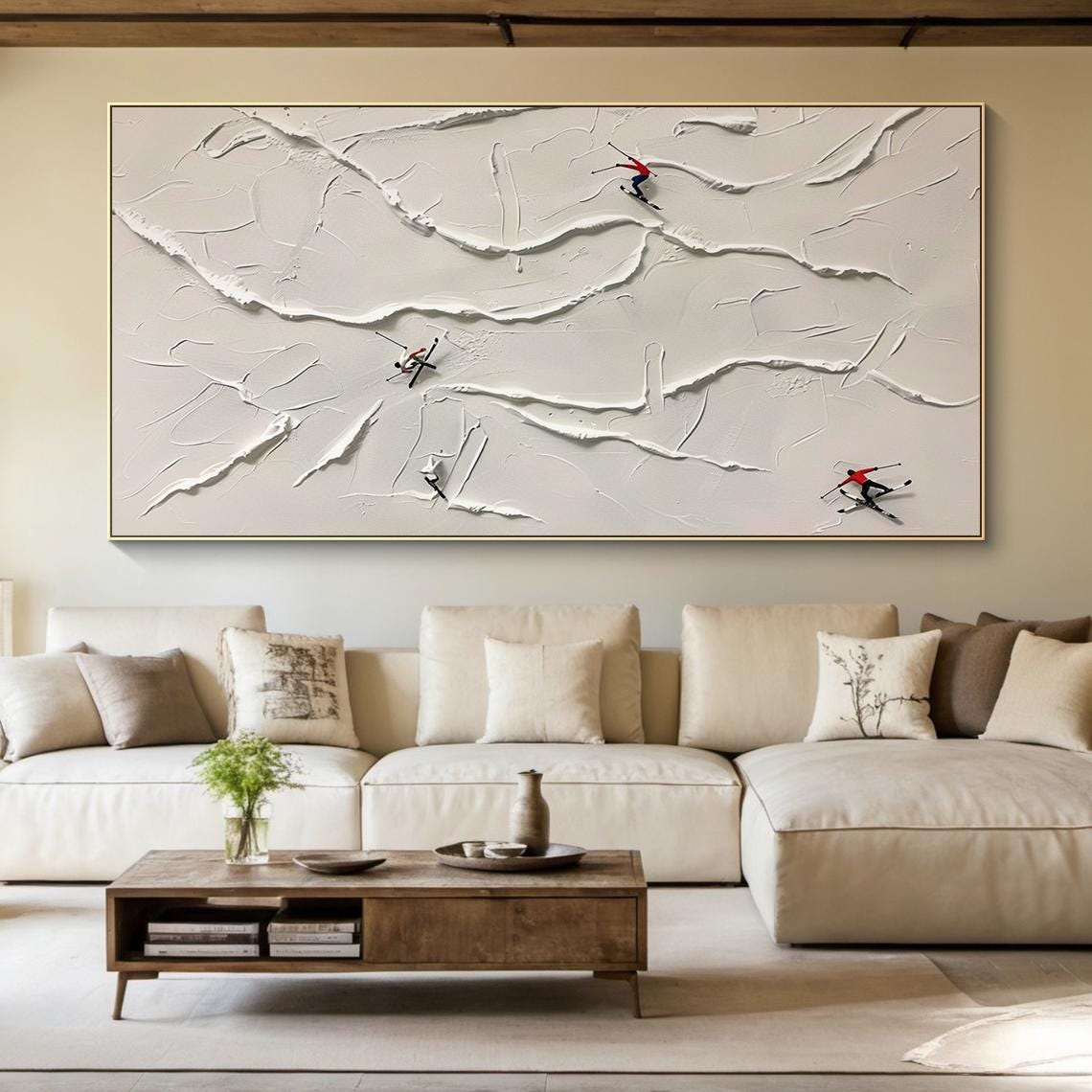 Large Beige Ski Oil Painting Decorative Painting Original Skier Handmade Gift Beige Abstract Ski Art Modern Living Room Decoration