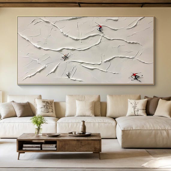 Large Beige Ski Oil Painting Decorative Painting Original Skier Handmade Gift Beige Abstract Ski Art Modern Living Room Decoration