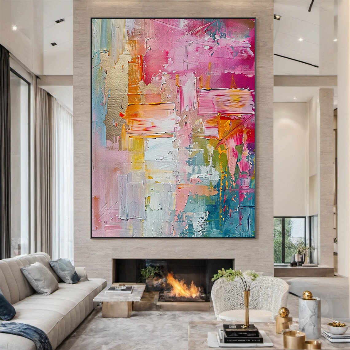 Pink Abstract Oil Painting, Modern Office Art Print