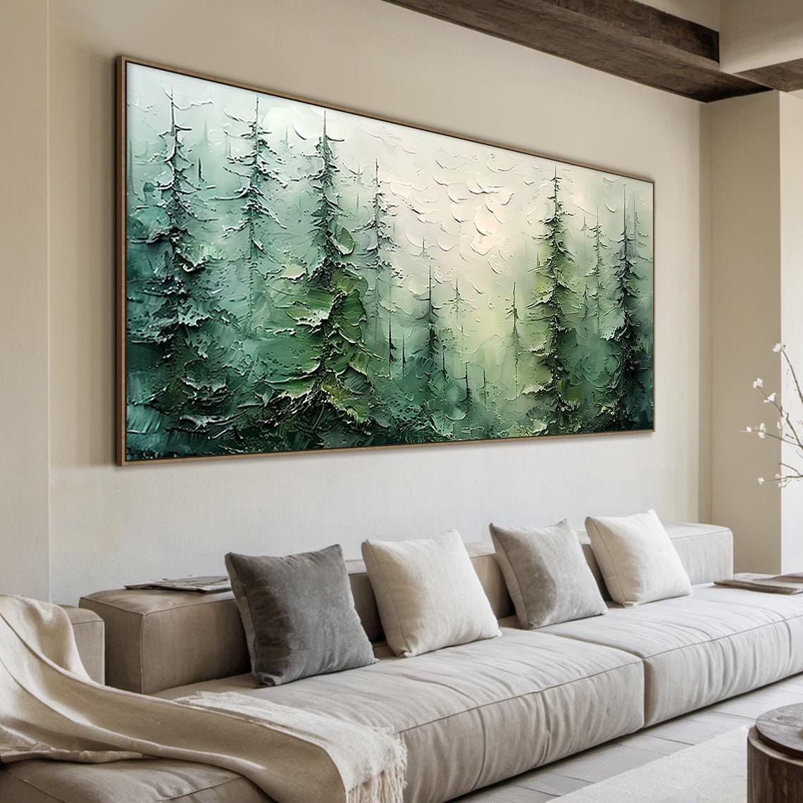 Misty Green Pine Forest Impasto Textured Serene Woodland Art Poster - Image 4