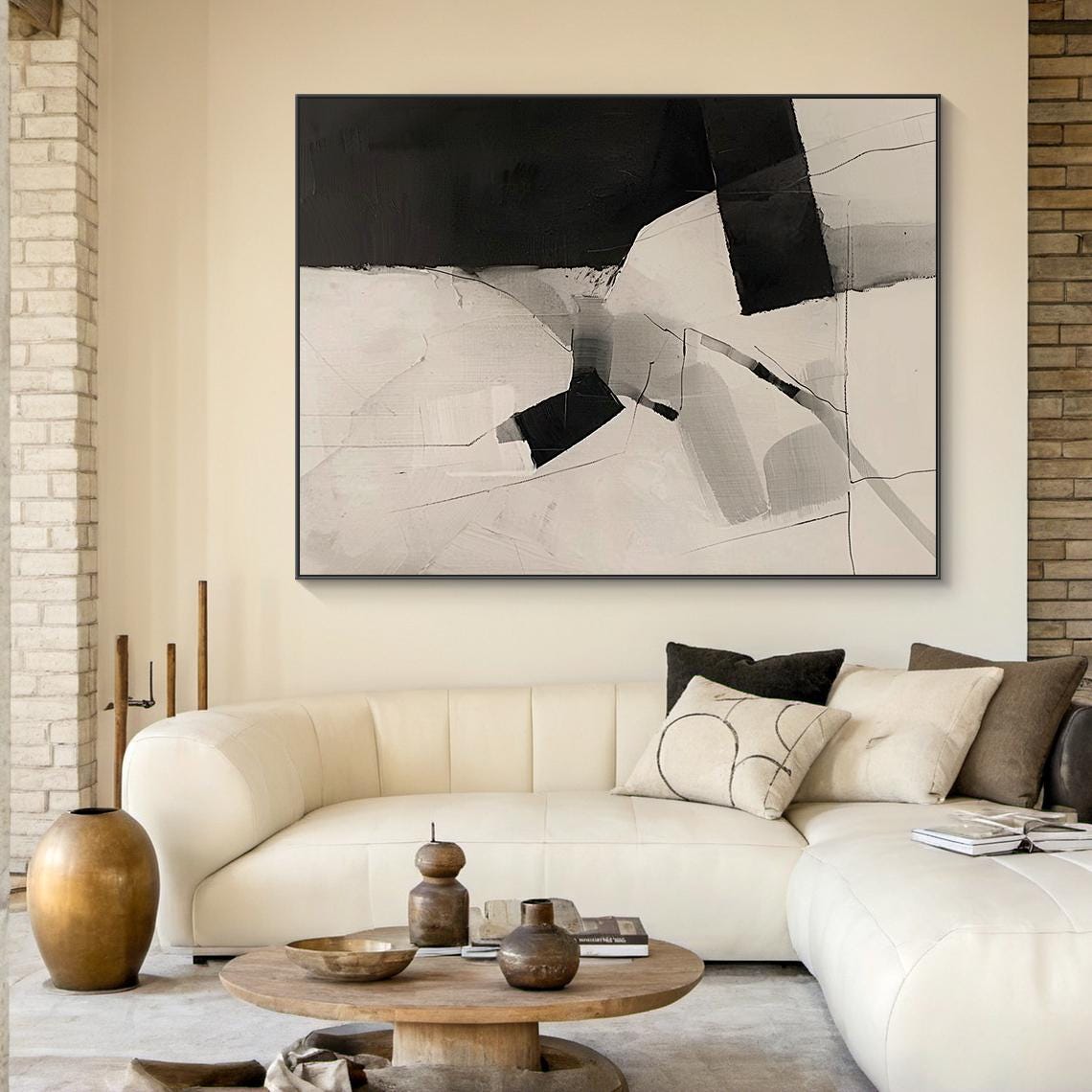 Beige Abstract Oil Painting Decorative Painting Beige Simple Wabi Sabi Wall Painting Black Abstract Art Modern Home Decor Handmade Gift - Image 2