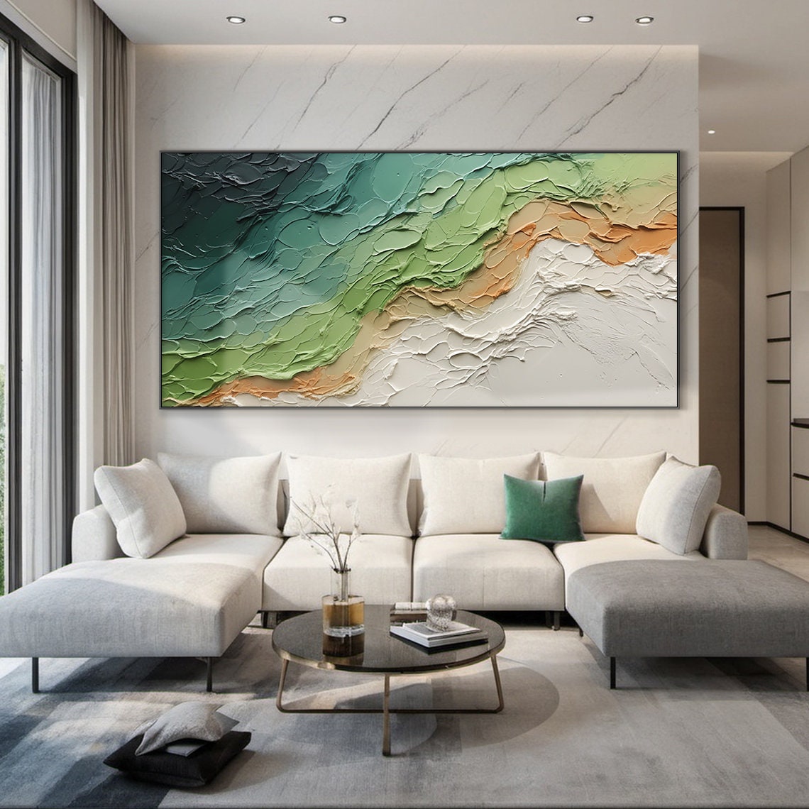 Green Teal Orange White Textured Wave Abstract Ocean Painting Wall Art - Image 5