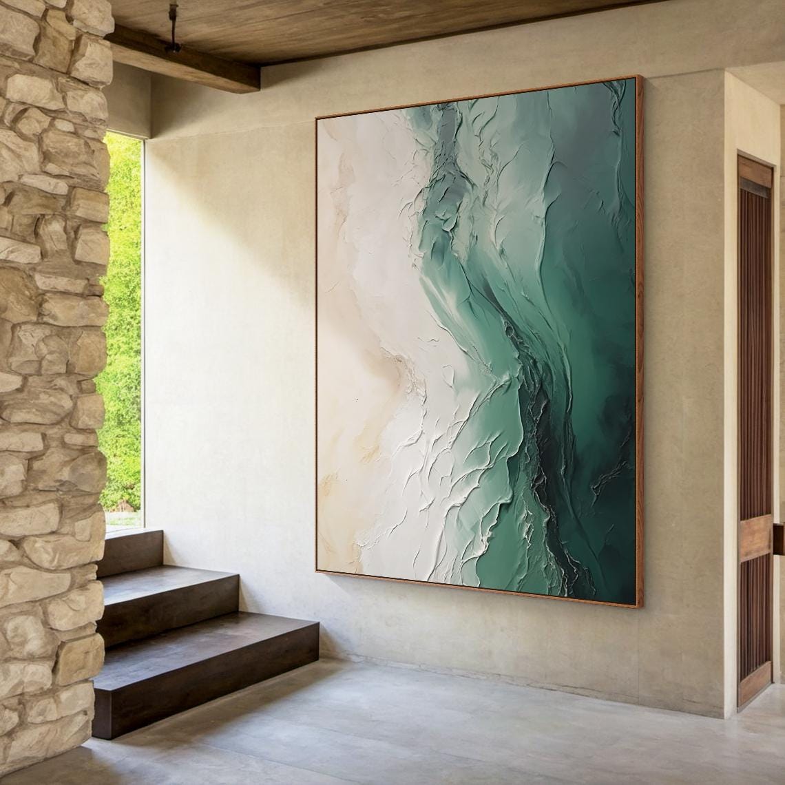 Minimalist 3d Wall Art Green And Beige Abstract Painting Nature Inspired Modern Design Sophisticated Home Interior Decoration - Image 5