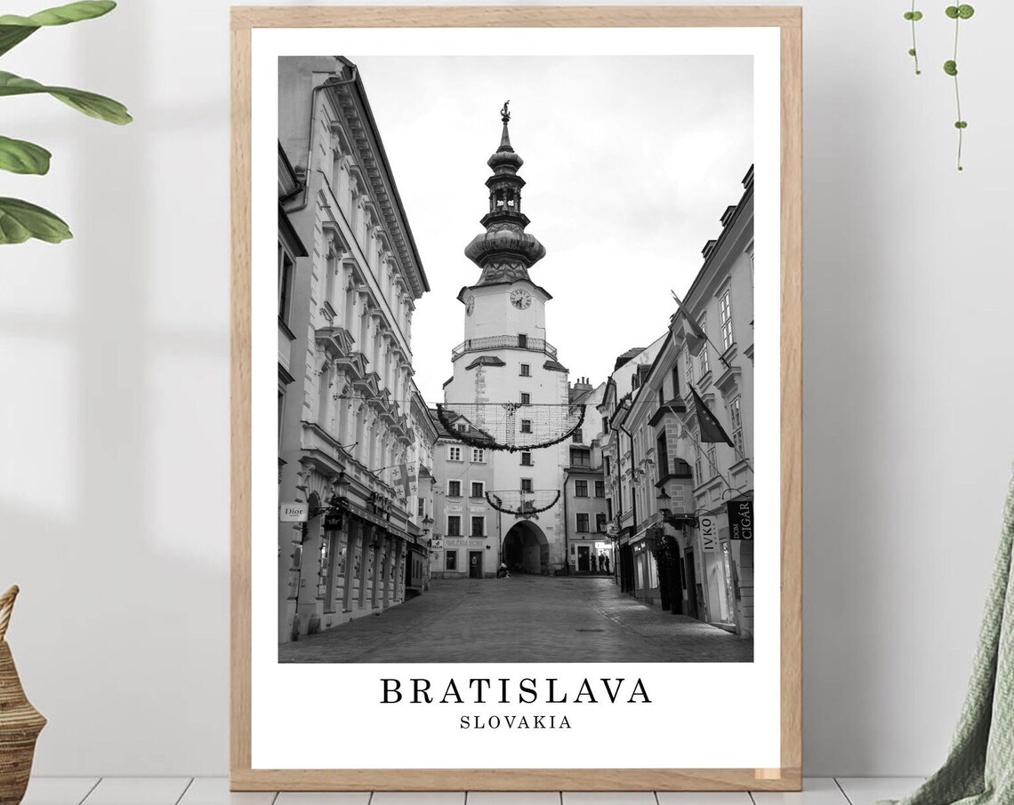 Bratislava Old Town Tower Street Black and White Photo Poster