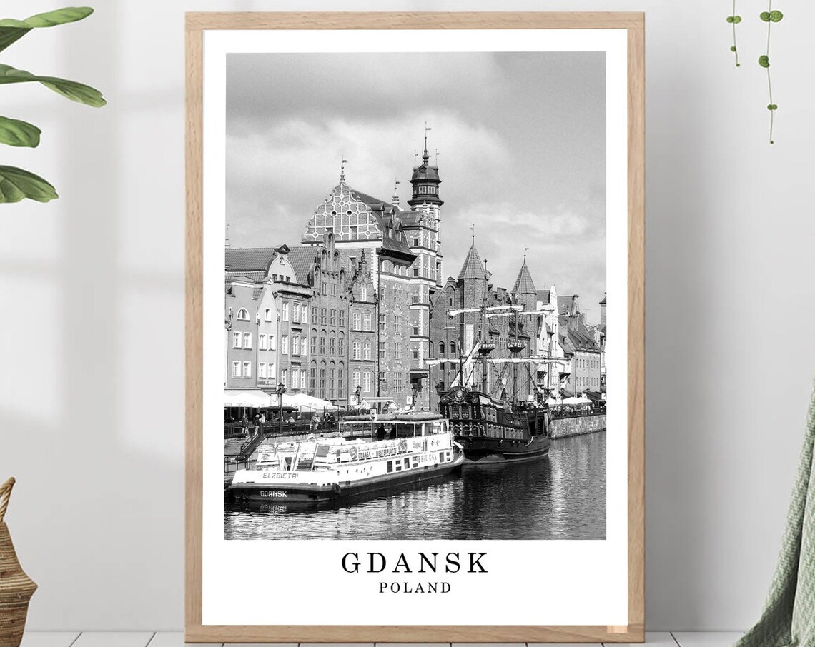 Gdansk Motlawa Waterfront Historic Crane Black White Photo Poster