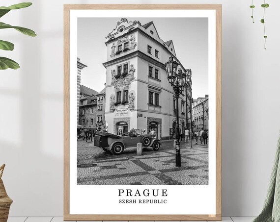 Prague Czech Republic Old Town Vintage Car Black And White Photo Poster