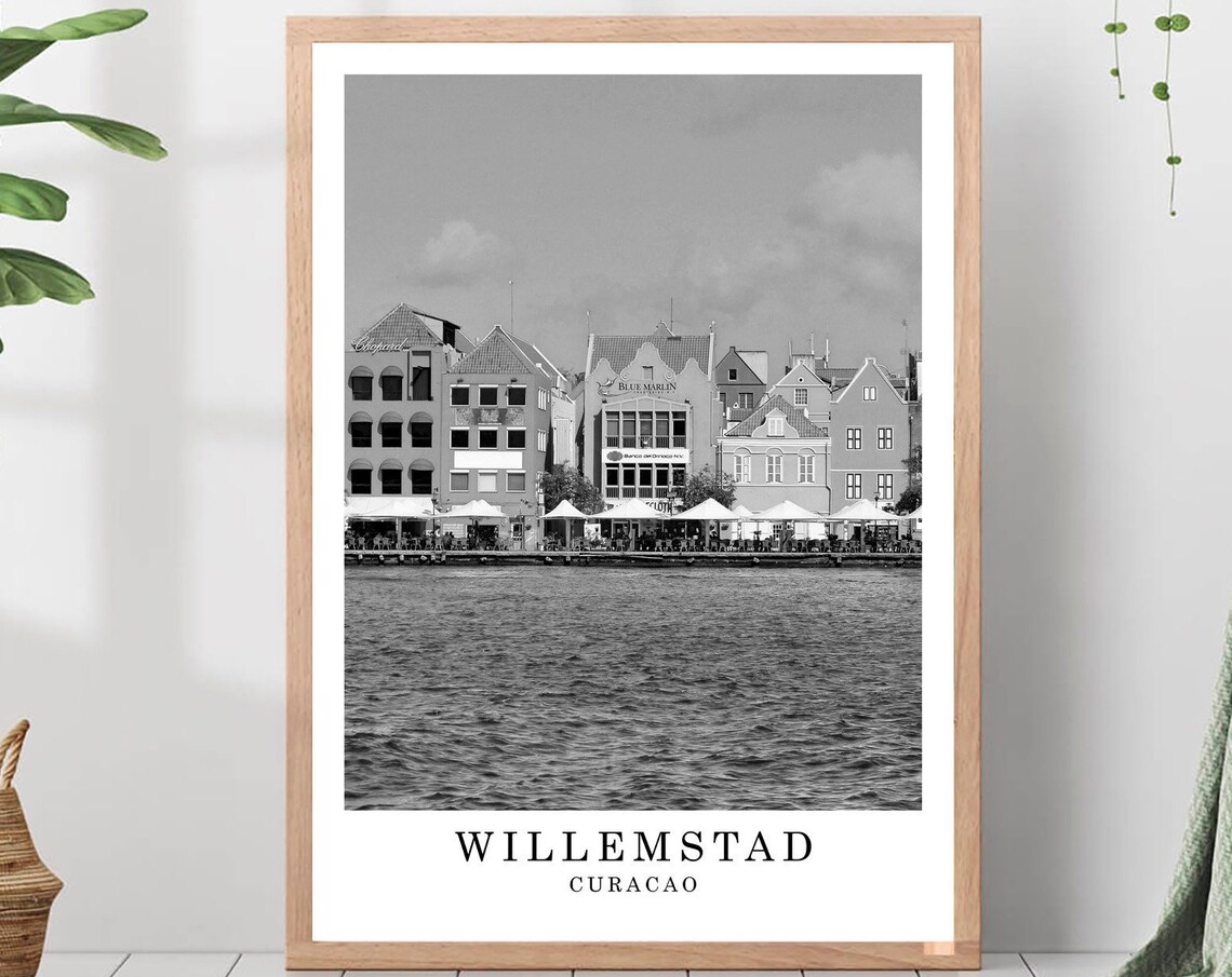 Willemstad Curacao Waterfront Harbor Black And White Caribbean Poster