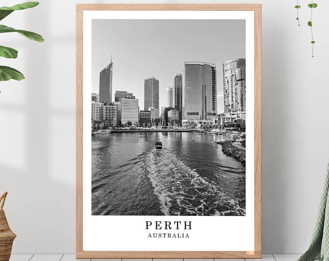 Perth Australia City Skyline River Black And White Photo Poster