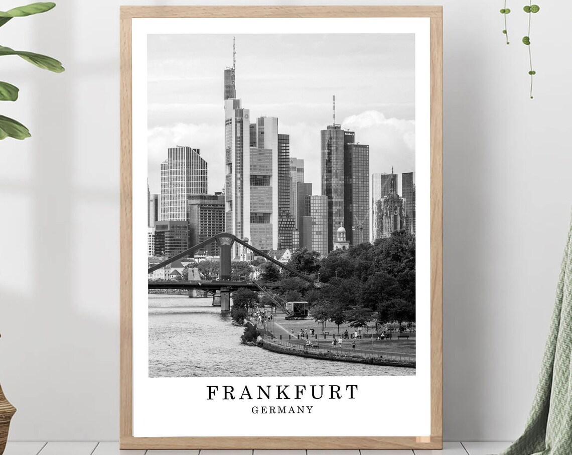 Frankfurt Skyline Riverside Bridge Black and White Photo Poster