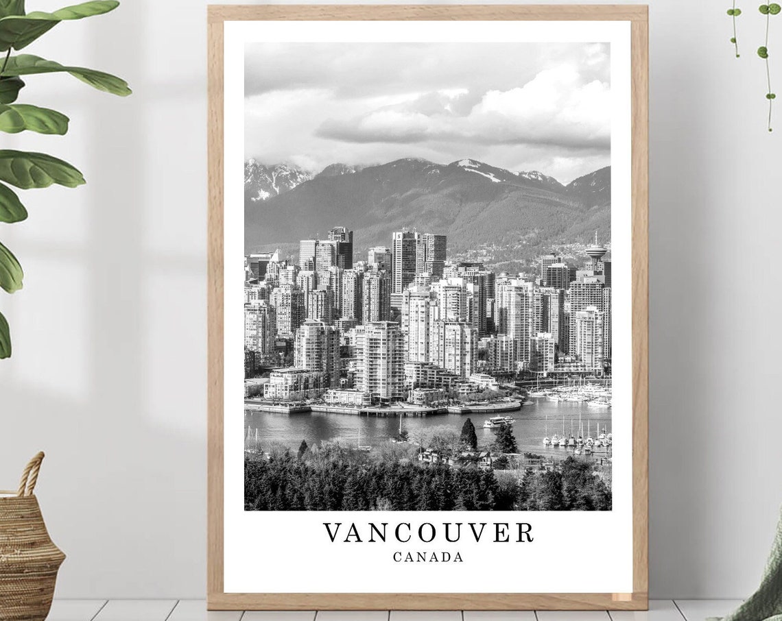 Vancouver Skyline Mountain Backdrop Black White Photo Poster