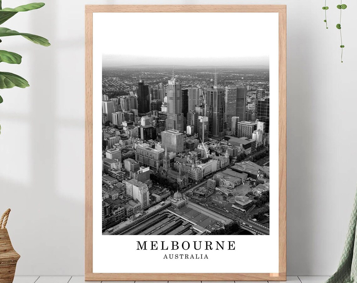 Melbourne Aerial CBD Skyline Flinders Street Black White Photo Poster
