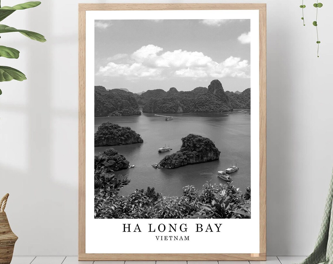 Ha Long Bay Limestone Karsts Boats Black and White Photography Poster