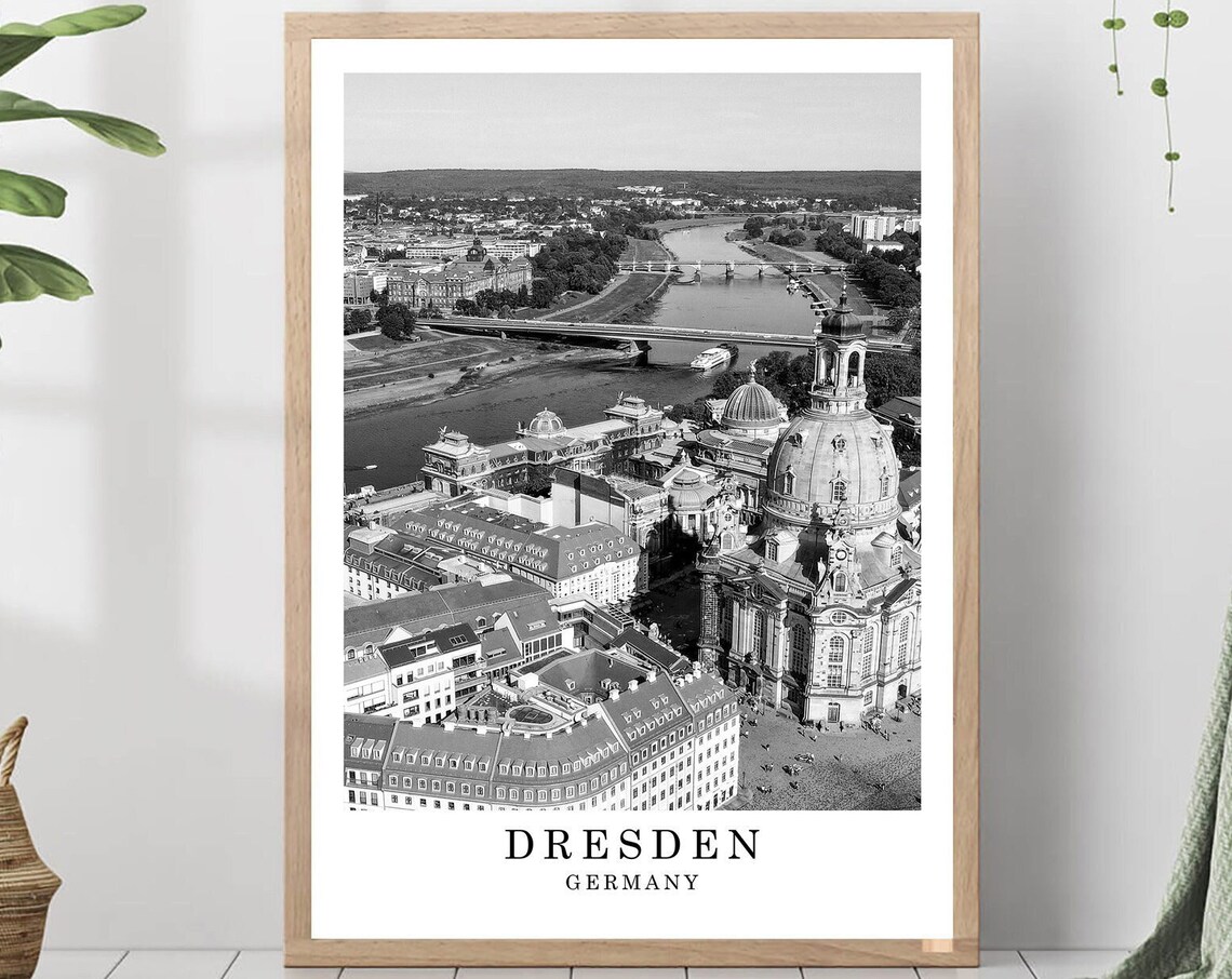 Dresden Elbe River Aerial Frauenkirche Black and White Poster