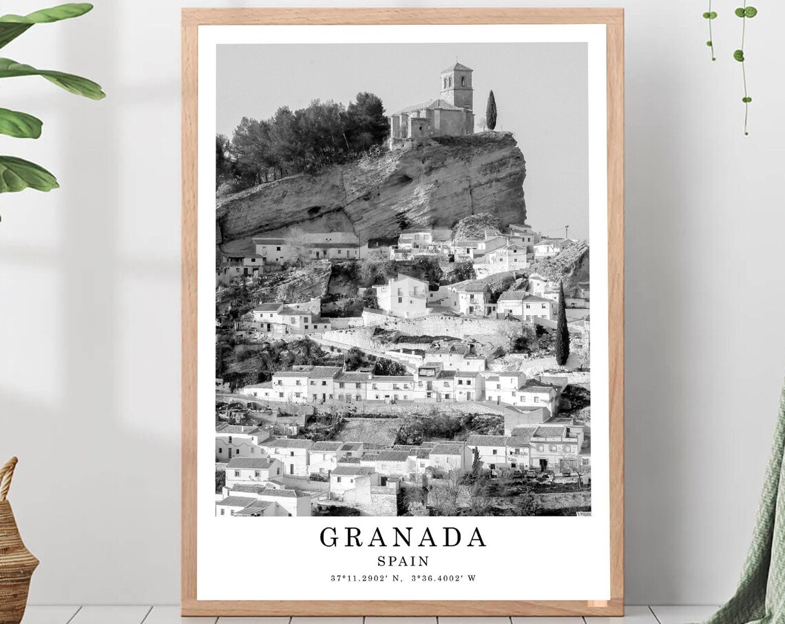 Granada White Cliffside Village Church Black and White Photo Poster