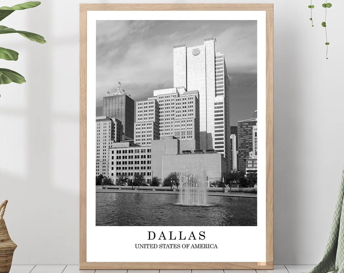 Dallas Texas Downtown Skyline Fountain Black White Photo Poster