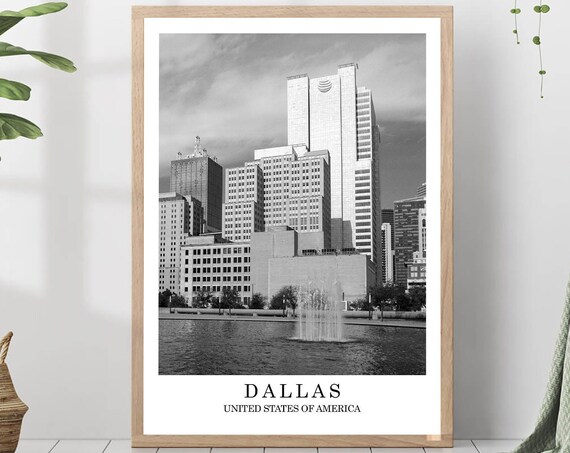 Dallas Texas Downtown Skyline Fountain Black White Photo Poster