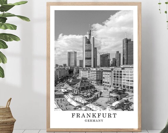 Frankfurt Skyline Commerzbank Tower Main River Black and White Poster