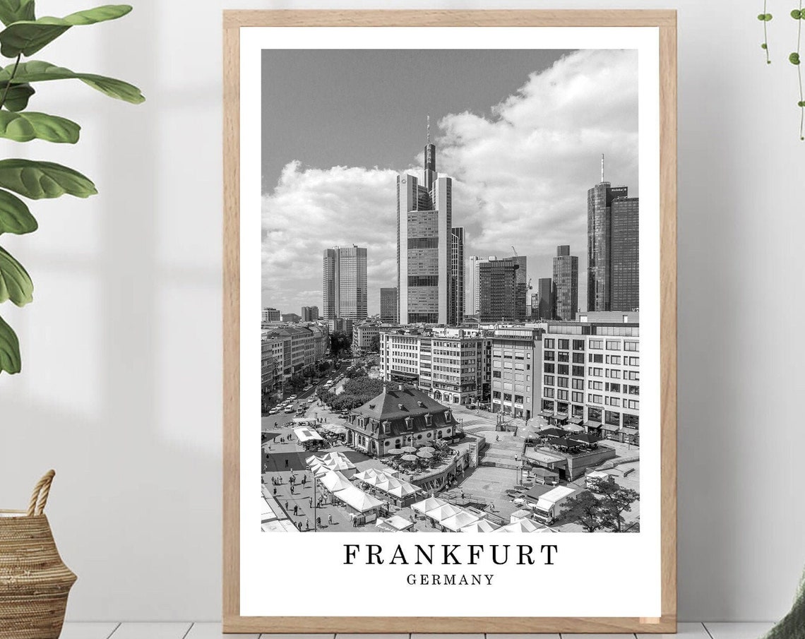 Frankfurt Skyline Commerzbank Tower Main River Black and White Poster