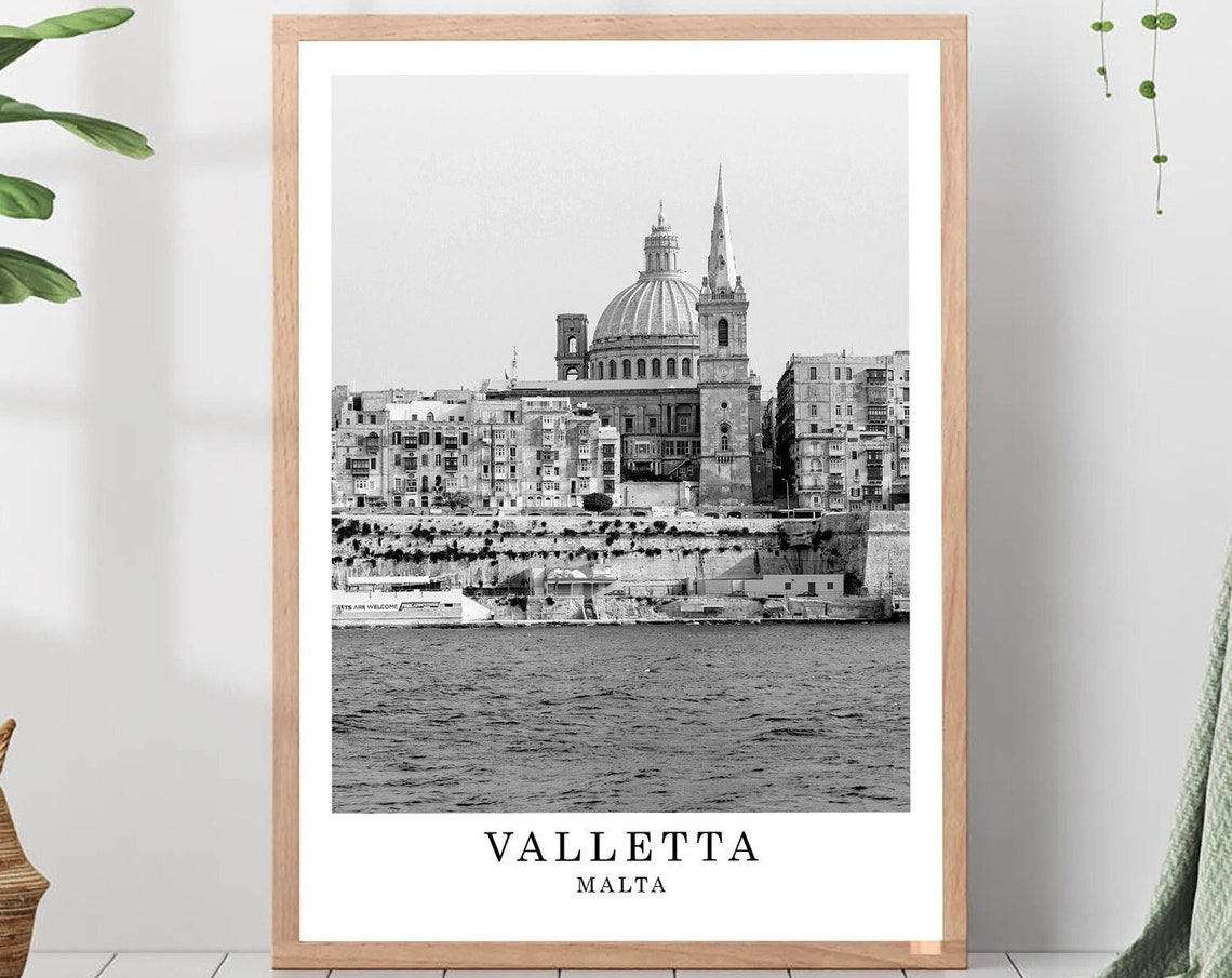 Valletta Malta Grand Harbour Waterfront Black and White Poster