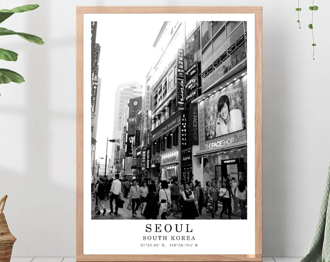 Seoul Myeongdong Shopping Street Neon Signs Cityscape Travel Poster