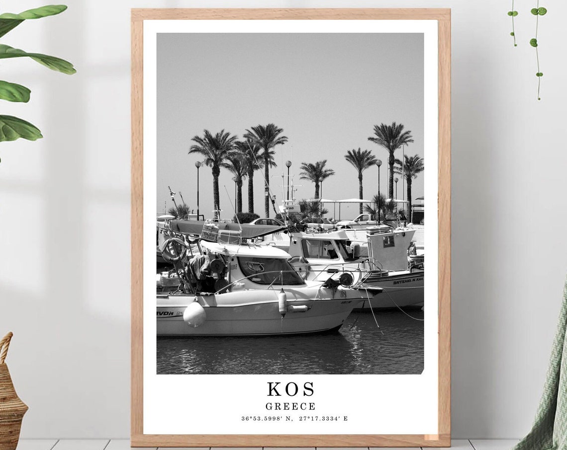 Kos Greece Marina Boats Palm Trees Coordinates Black White Poster
