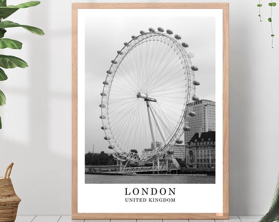 London Eye Giant Ferris Wheel Thames Riverside Black White Poster