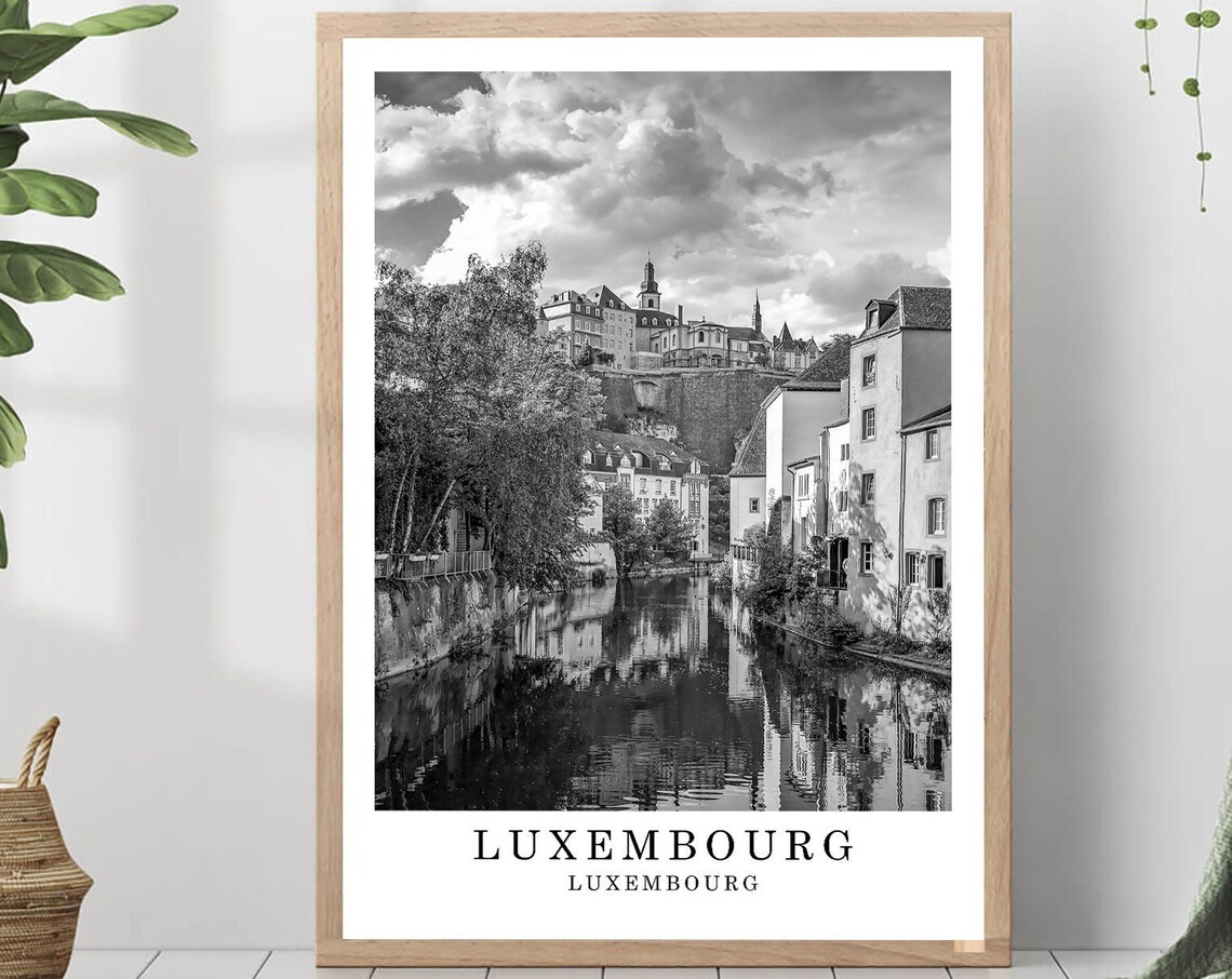 Luxembourg City Old Town River Reflection Black and White Poster