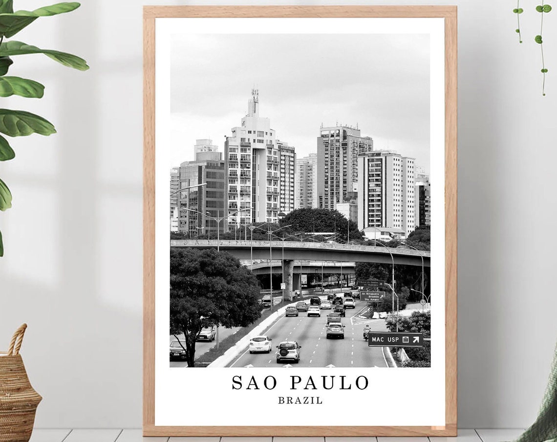 Sao Paulo Avenida Paulista Traffic Overpass Black White Poster
