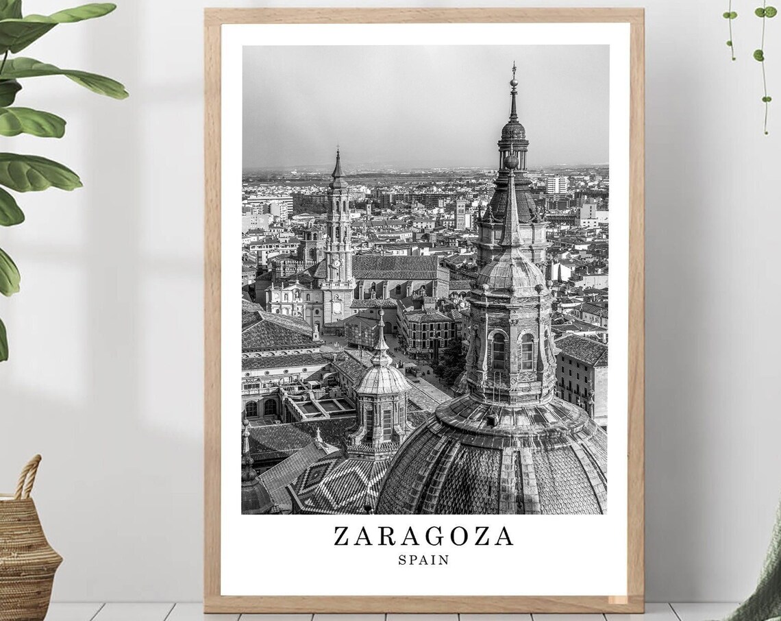 Zaragoza Spain Basilica Towers Skyline Black And White Photo Poster