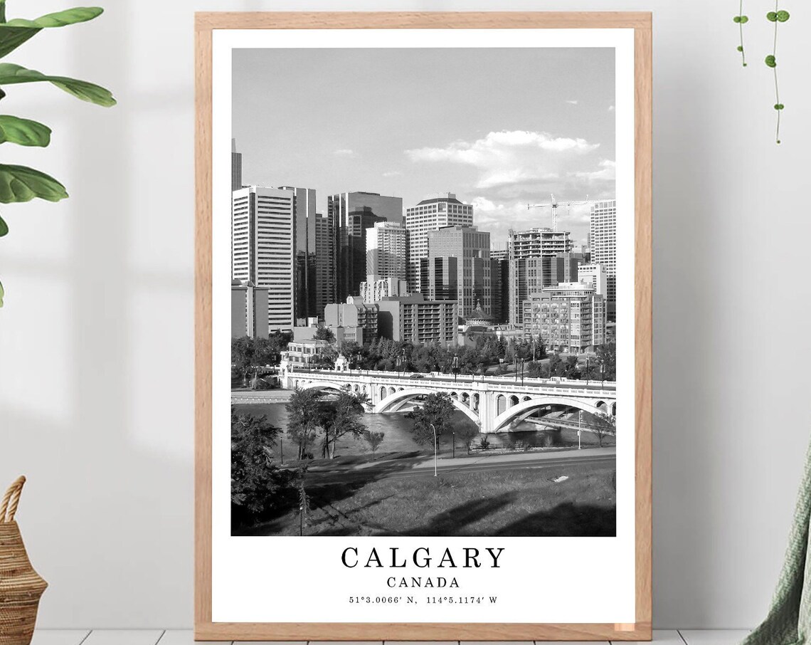 Calgary Skyline and Centre Street Bridge Canada Black White Poster