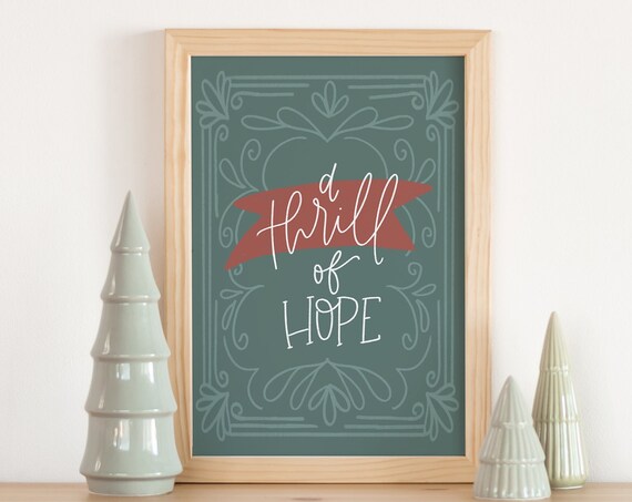 A Thrill Of Hope Hand Lettered Red Ribbon Christmas Quote Print