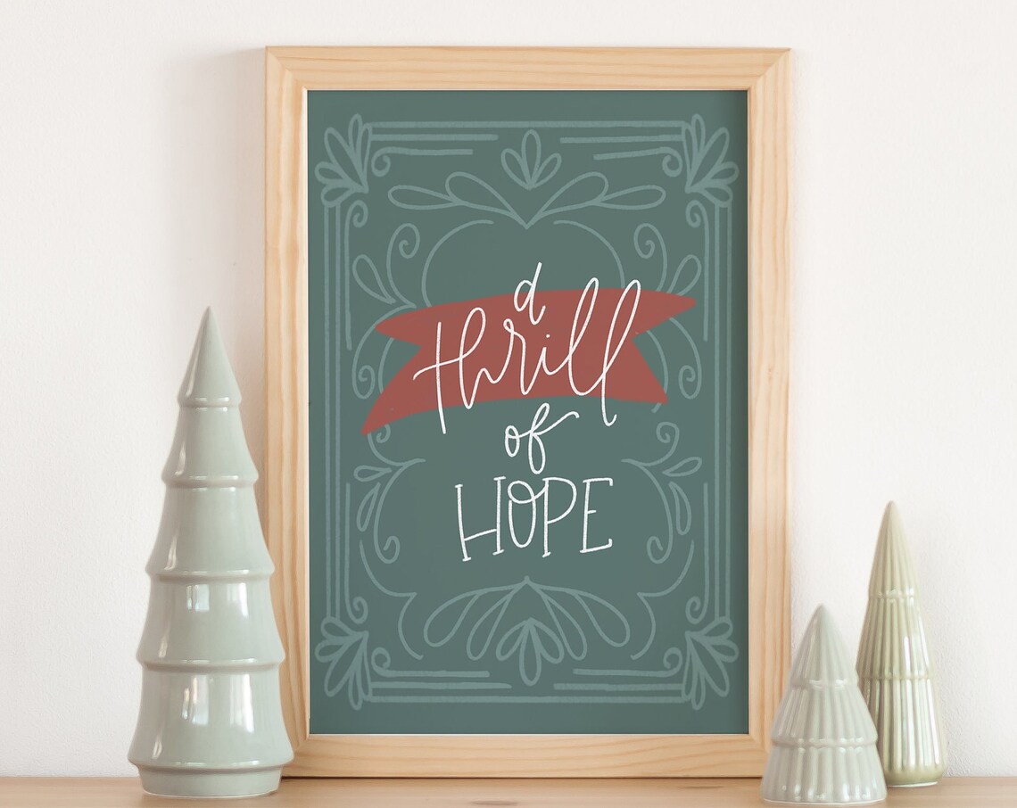 A Thrill Of Hope Hand Lettered Red Ribbon Christmas Quote Print
