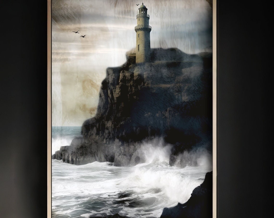 Lighthouse on Dark Cliffs Above a Stormy Sea Coastal Art Print