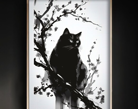 Black Cat on a Blossom Branch Japanese Sumi Ink Wash Style Cat Poster