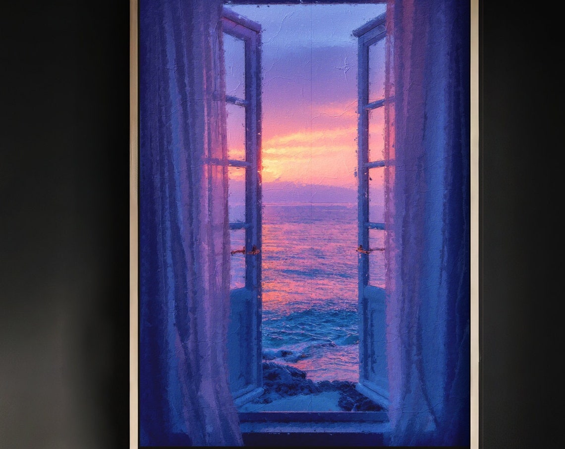 Ocean Sunset Through Open French Doors Coastal Serenity Wall Art - Image 2