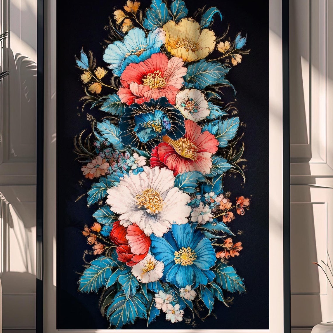 Vibrant Peony Bouquet Dark Background Bold Floral Art Poster